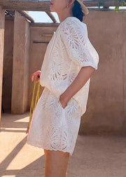 French White O-Neck Shirt And Shorts Two Pieces Set Short Sleeve