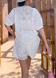 French White O-Neck Shirt And Shorts Two Pieces Set Short Sleeve