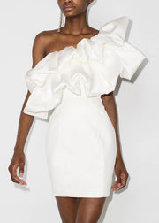 French White One Shoulder Pleated Dress Summer