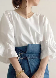 French White Oversized Cotton Shirt Top Lantern Sleeve
