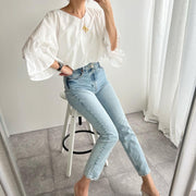 French White Oversized Cotton Shirt Top Lantern Sleeve