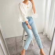 French White Oversized Cotton Shirt Top Lantern Sleeve