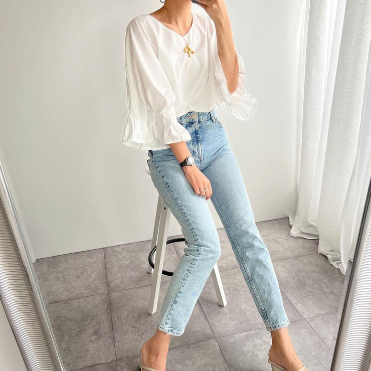 French White Oversized Cotton Shirt Top Lantern Sleeve