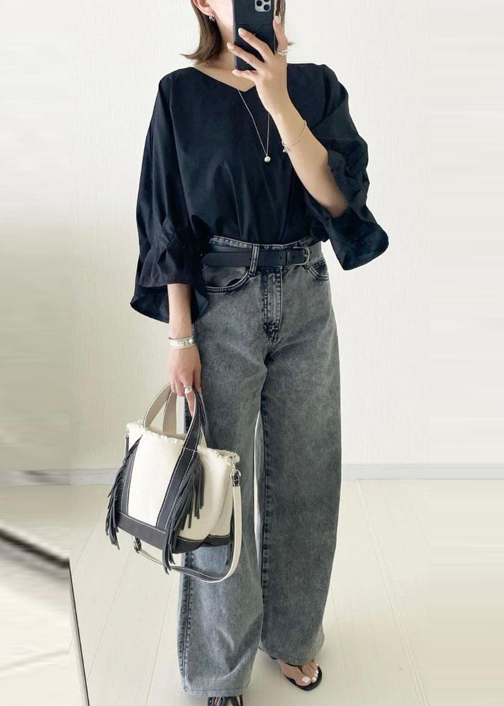 French White Oversized Cotton Shirt Top Lantern Sleeve