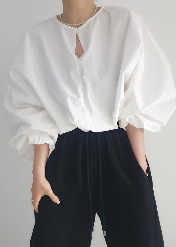French White Oversized Cotton Shirt Tops Lantern Sleeve
