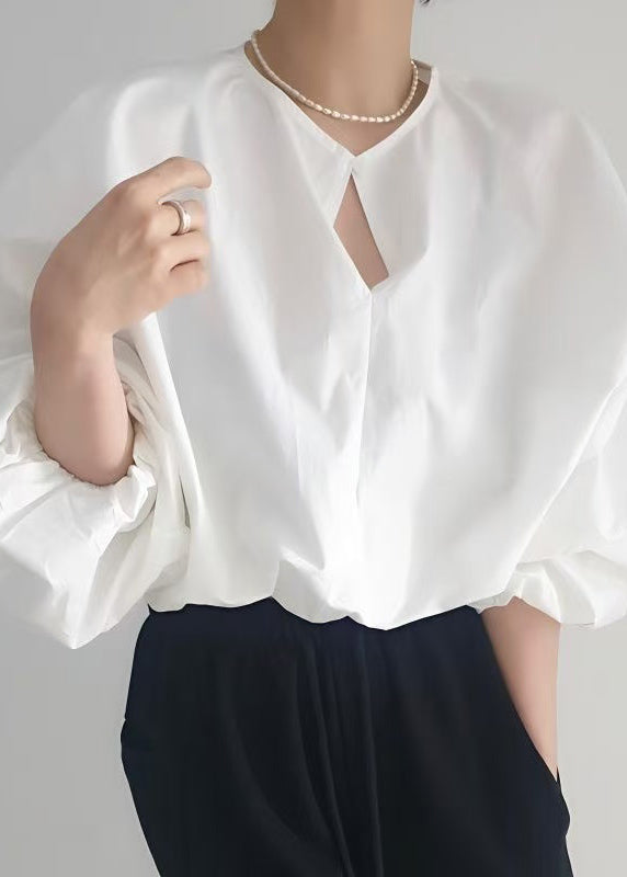 French White Oversized Cotton Shirt Tops Lantern Sleeve