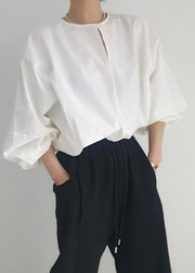 French White Oversized Cotton Shirt Tops Lantern Sleeve