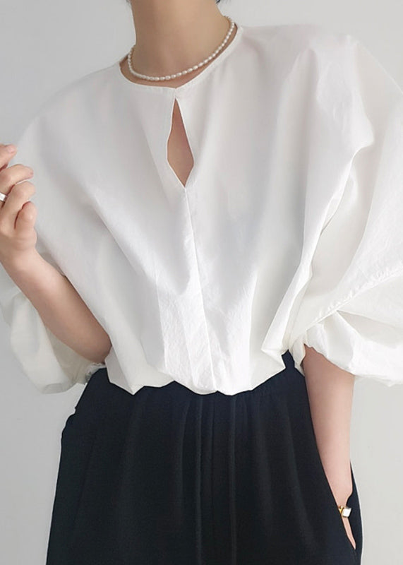 French White Oversized Cotton Shirt Tops Lantern Sleeve
