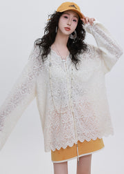 French White Oversized Lace UPF 50+ Shirt Top Spring