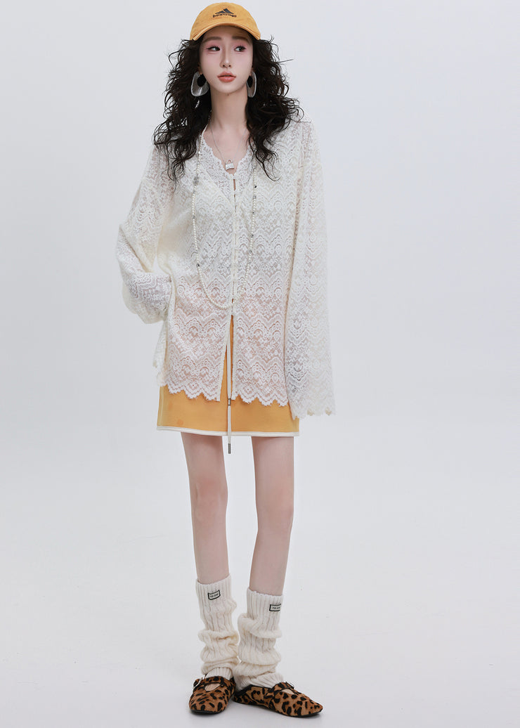 French White Oversized Lace UPF 50+ Shirt Top Spring