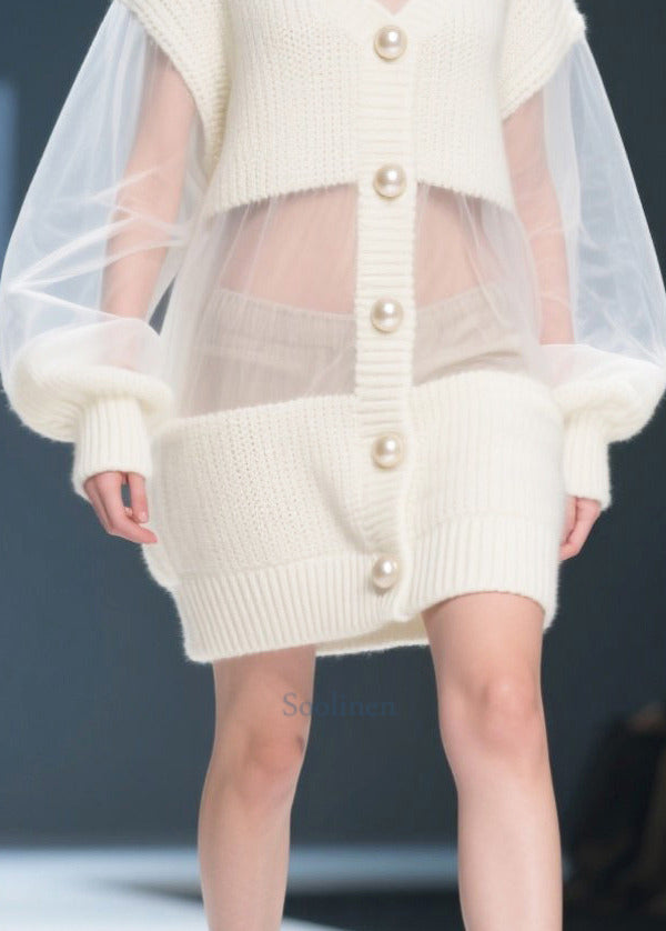 French White Oversized Patchwork Tulle Long Sweater Fall