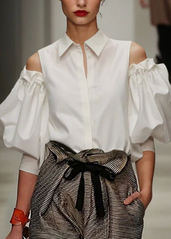 French White Peter Pan Collar Cold Shoulder Shirt