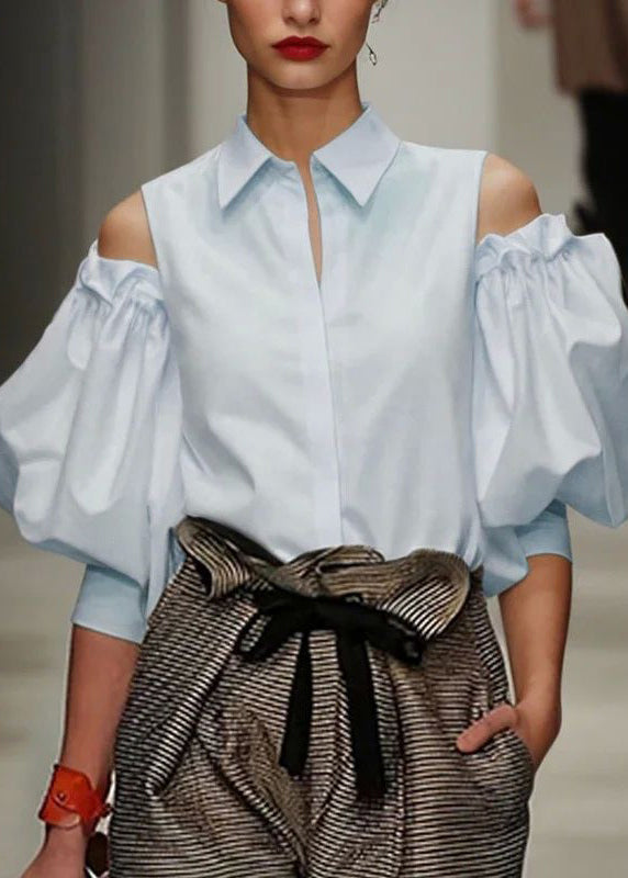 French White Peter Pan Collar Cold Shoulder Shirt