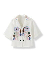French White Peter Pan Collar Embroidered Cotton Top Summer