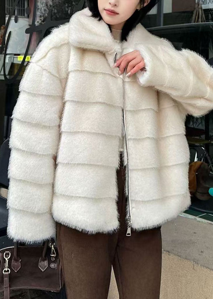 French White Peter Pan Collar Faux Mink Hair Jacket Winter