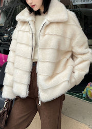 French White Peter Pan Collar Faux Mink Hair Jacket Winter