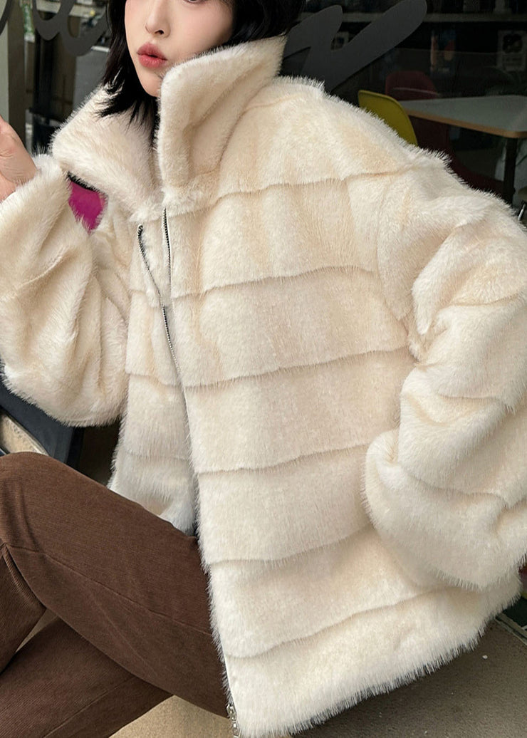 French White Peter Pan Collar Faux Mink Hair Jacket Winter