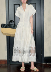 French White Peter Pan Collar Hollow Out Cotton Shirts Dress Summer