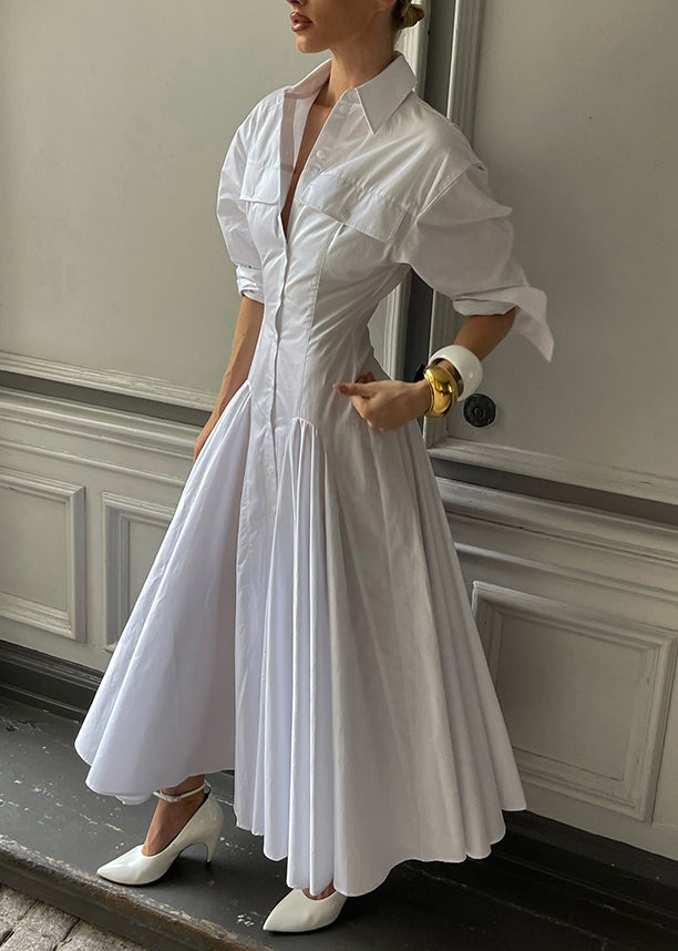 French White Peter Pan Collar Patchwork Cotton Shirts Dresses Fall