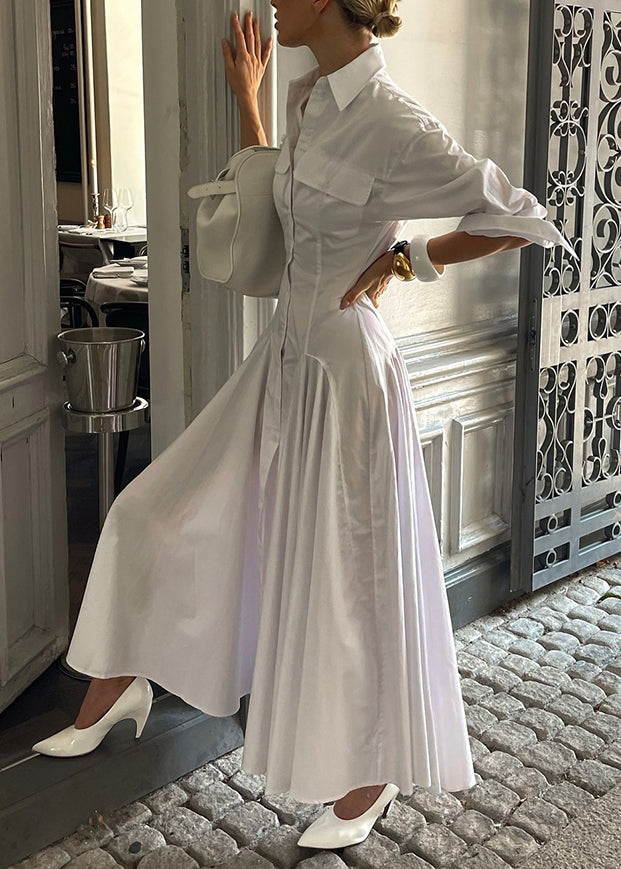 French White Peter Pan Collar Patchwork Cotton Shirts Dresses Fall