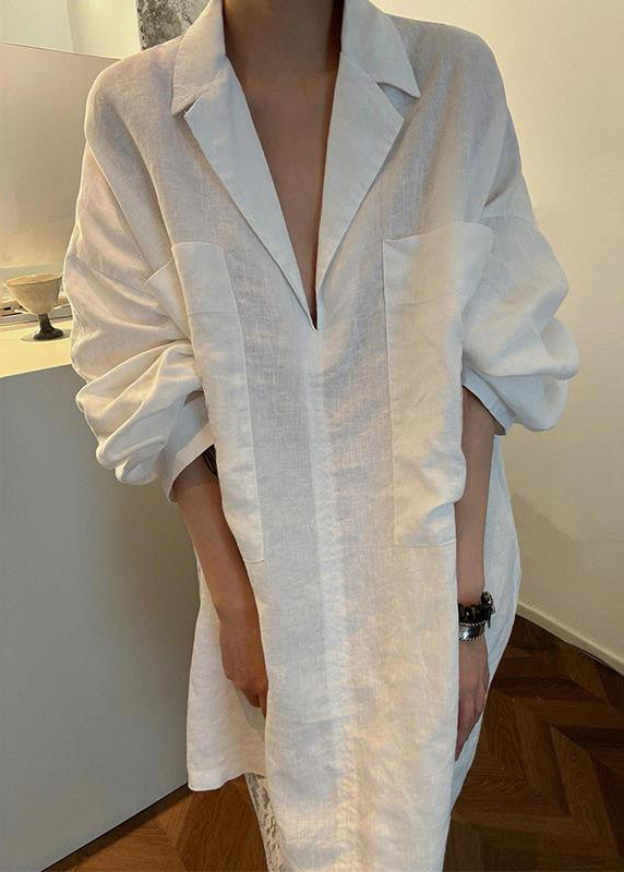 French White Peter Pan Collar Pockets Solid Linen Blouses Fall