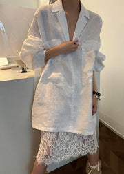 French White Peter Pan Collar Pockets Solid Linen Blouses Fall