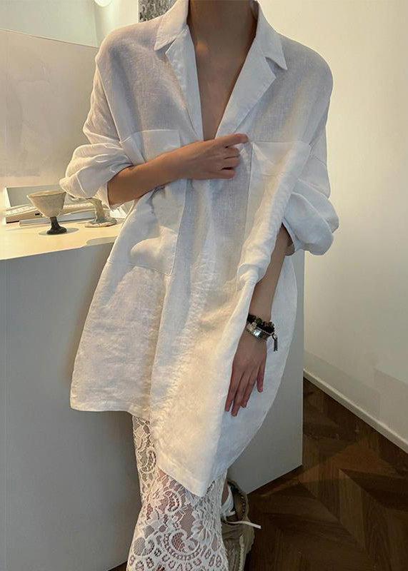 French White Peter Pan Collar Pockets Solid Linen Blouses Fall