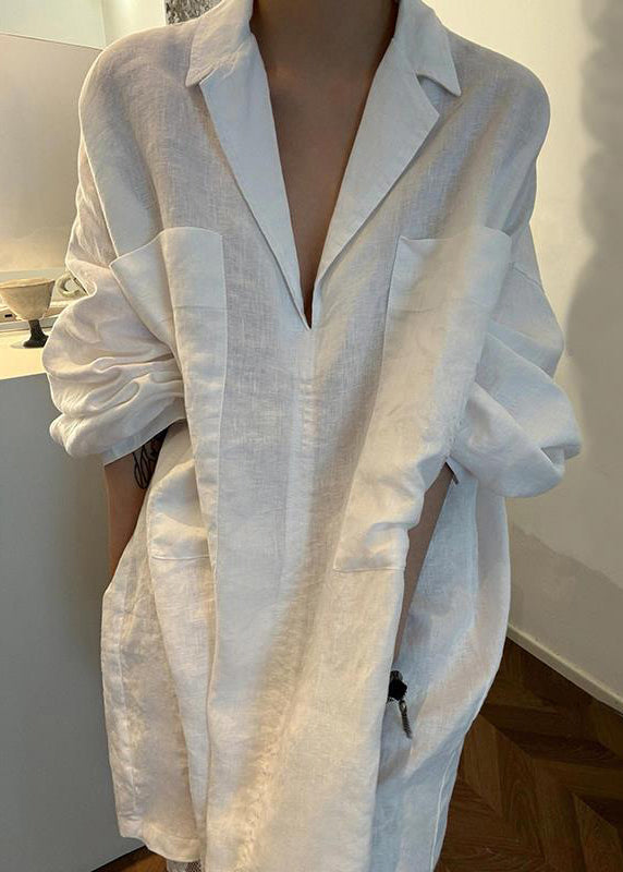 French White Peter Pan Collar Pockets Solid Linen Blouses Fall