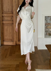 French White Peter Pan Collar Side Open Silk Long Dresses Summer