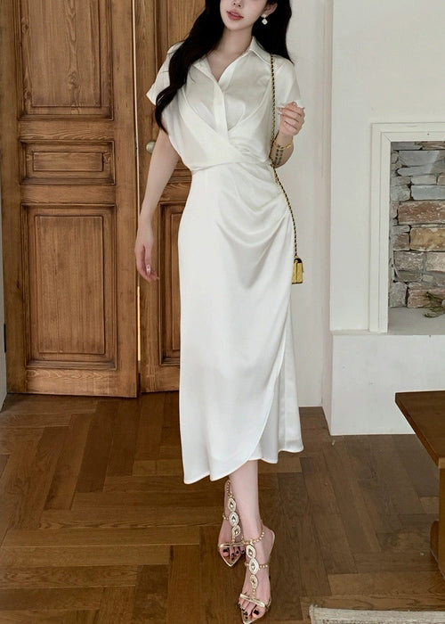 French White Peter Pan Collar Side Open Silk Long Dresses Summer