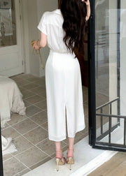 French White Peter Pan Collar Side Open Silk Long Dresses Summer