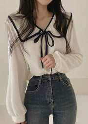 French White Peter Pan Collar Solid Cotton Shirt Long Sleeve