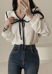 French White Peter Pan Collar Solid Cotton Shirt Long Sleeve