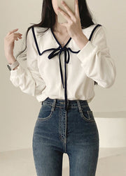 French White Peter Pan Collar Solid Cotton Shirt Long Sleeve