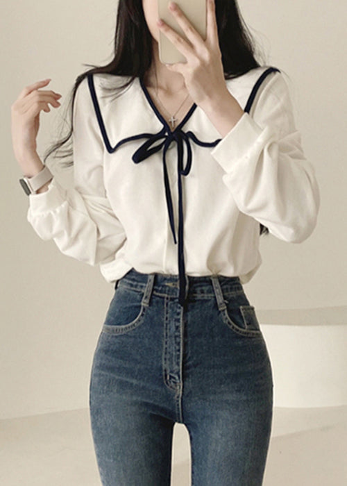 French White Peter Pan Collar Solid Cotton Shirt Long Sleeve