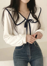French White Peter Pan Collar Solid Cotton Shirt Long Sleeve