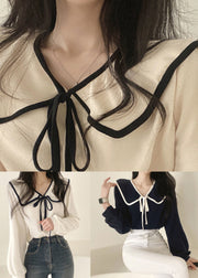 French White Peter Pan Collar Solid Cotton Shirt Long Sleeve