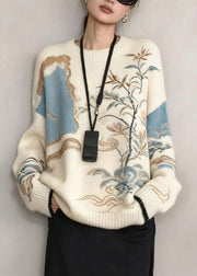 French White Plants Cozy Knit Sweater Winter