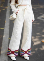 French White Pockets Bow Elastic Waist Knit Pants Fall