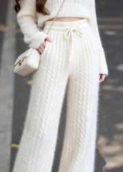 French White Pockets Bow Elastic Waist Knit Pants Fall