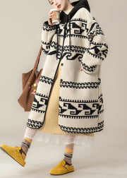 French White Print Button Loose Faux Fur Hooded Coat Winter