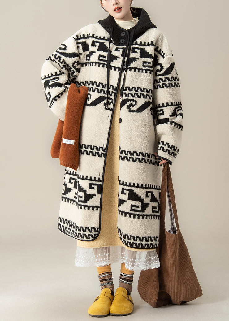 French White Print Button Loose Faux Fur Hooded Coat Winter