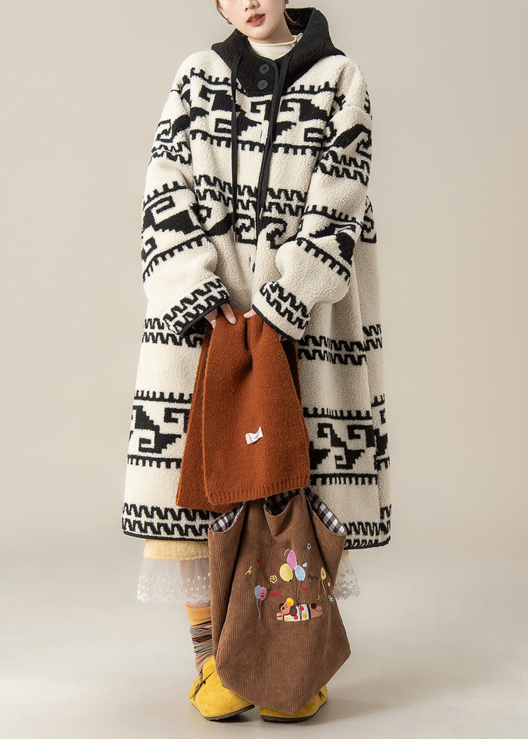 French White Print Button Loose Faux Fur Hooded Coat Winter