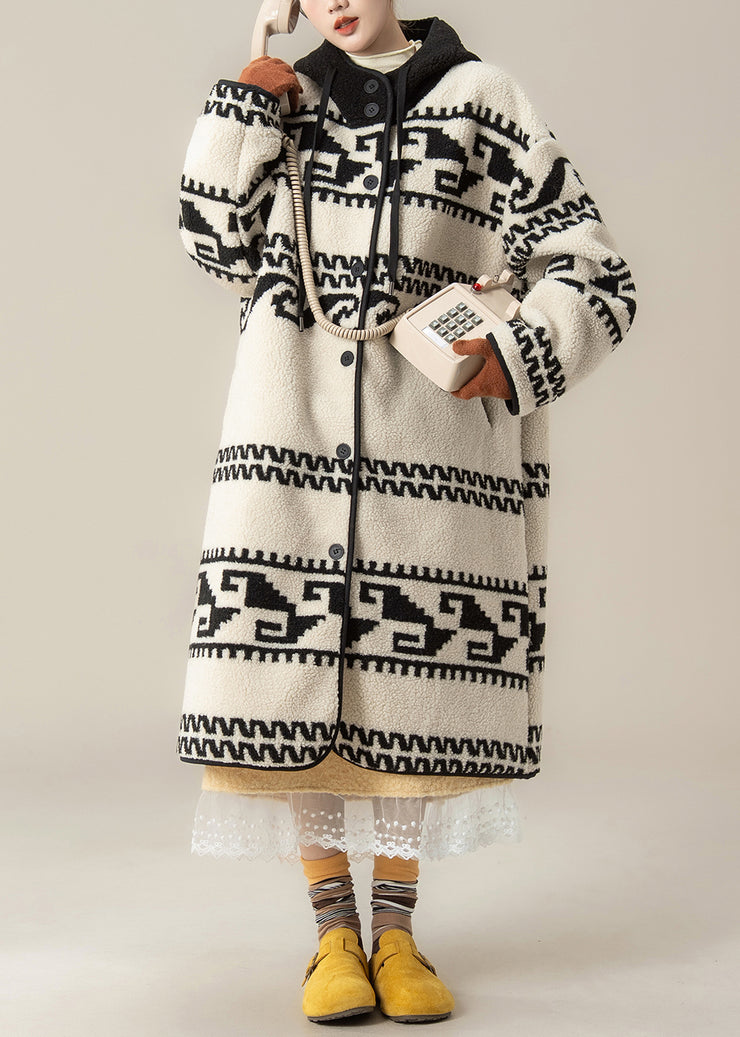 French White Print Button Loose Faux Fur Hooded Coat Winter