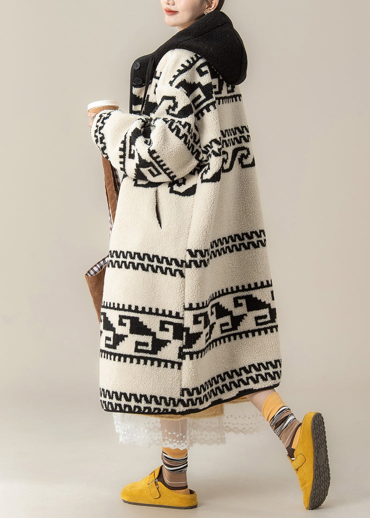 French White Print Button Loose Faux Fur Hooded Coat Winter