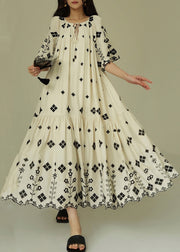 French White Print Wrinkled Cotton Long Dress Summer