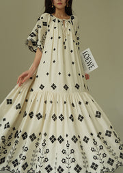 French White Print Wrinkled Cotton Long Dress Summer