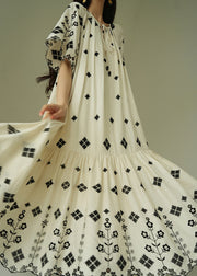 French White Print Wrinkled Cotton Long Dress Summer