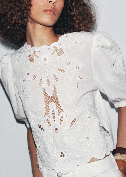 French White Puff Sleeve Hollow Out Embroidered Cotton Top