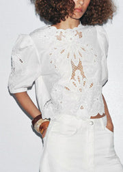 French White Puff Sleeve Hollow Out Embroidered Cotton Top